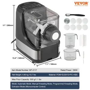 VEVOR Electric Pasta Maker, 150W Automatic Noodle Maker Machine with 8 Pasta Shapes, 4 Intelligent Modes, 500g Flour Capacity Pasta Maker Machine with Measuring Cups, Cleaning Brush for Home Kitchen