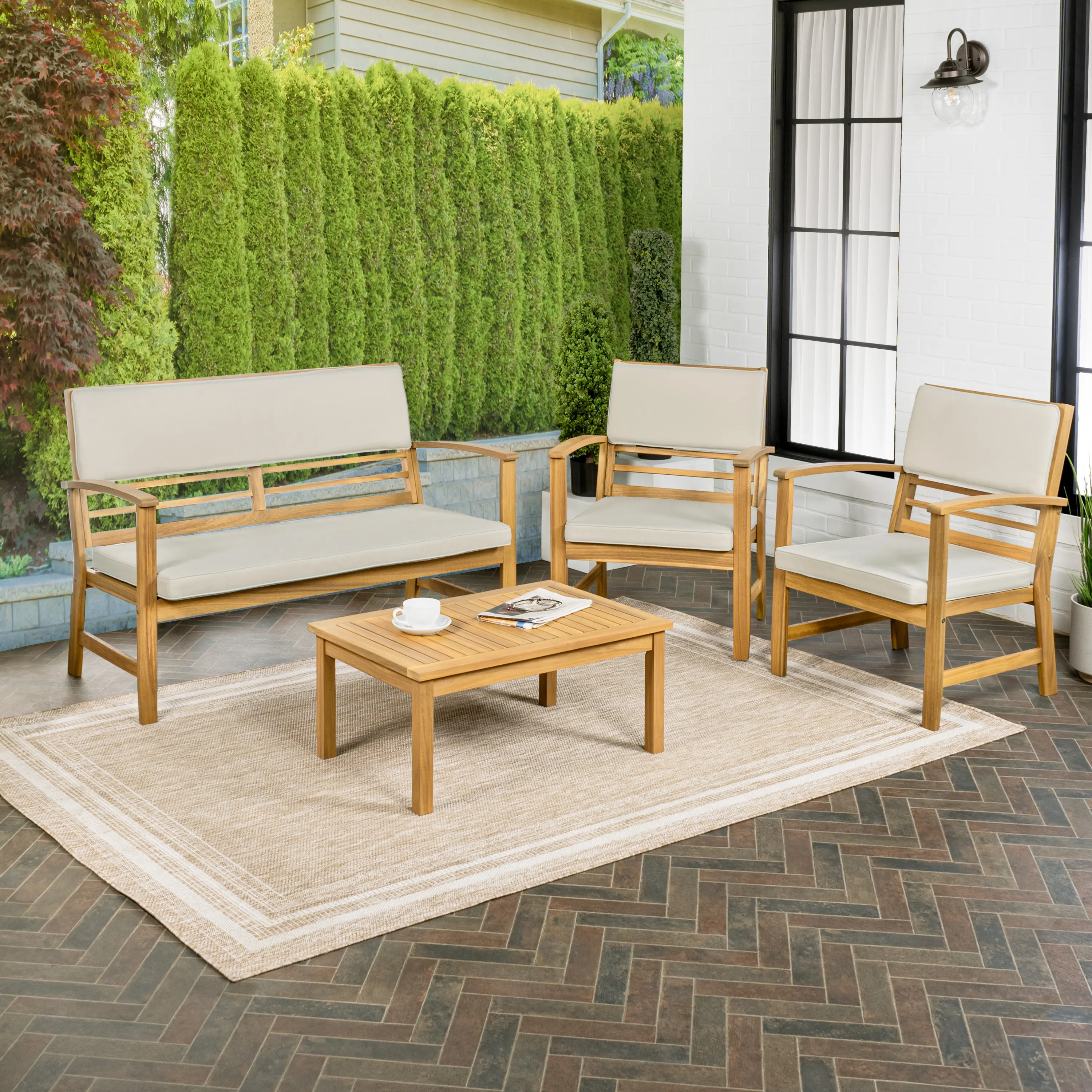 JONATHAN Y Barclay 4-Piece Modern Coastal Acacia Wood Patio Sofa Set, Outdoor Furniture Set for Conversation Spaces with Cushions