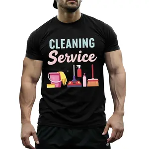 Cleaning Business Work Shirt with Mop Bucket Spray Bottle Print - Soft Breathable Housekeeper Uniform Top for Women, Heavyweight Cotton Relaxed Fit Tee, Machine Washable Janitor Crew Gift