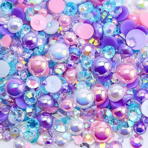 [ NEW DEAL ] 60g Mix Flatback Pearls and Rhinestones for Crafts, 2mm-10mm for Nails Face Art Tumblers, With Tweezers Wax Pen, Pink|Purple|White
