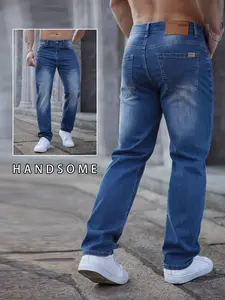 Men's Vintage Blue Washed Denim Jeans Pocket, Casual Fitted Straight Leg Pants, Embroidered Trendy All Season Clothing, Faded Pocket Jeans, Casual Fashion Jeans