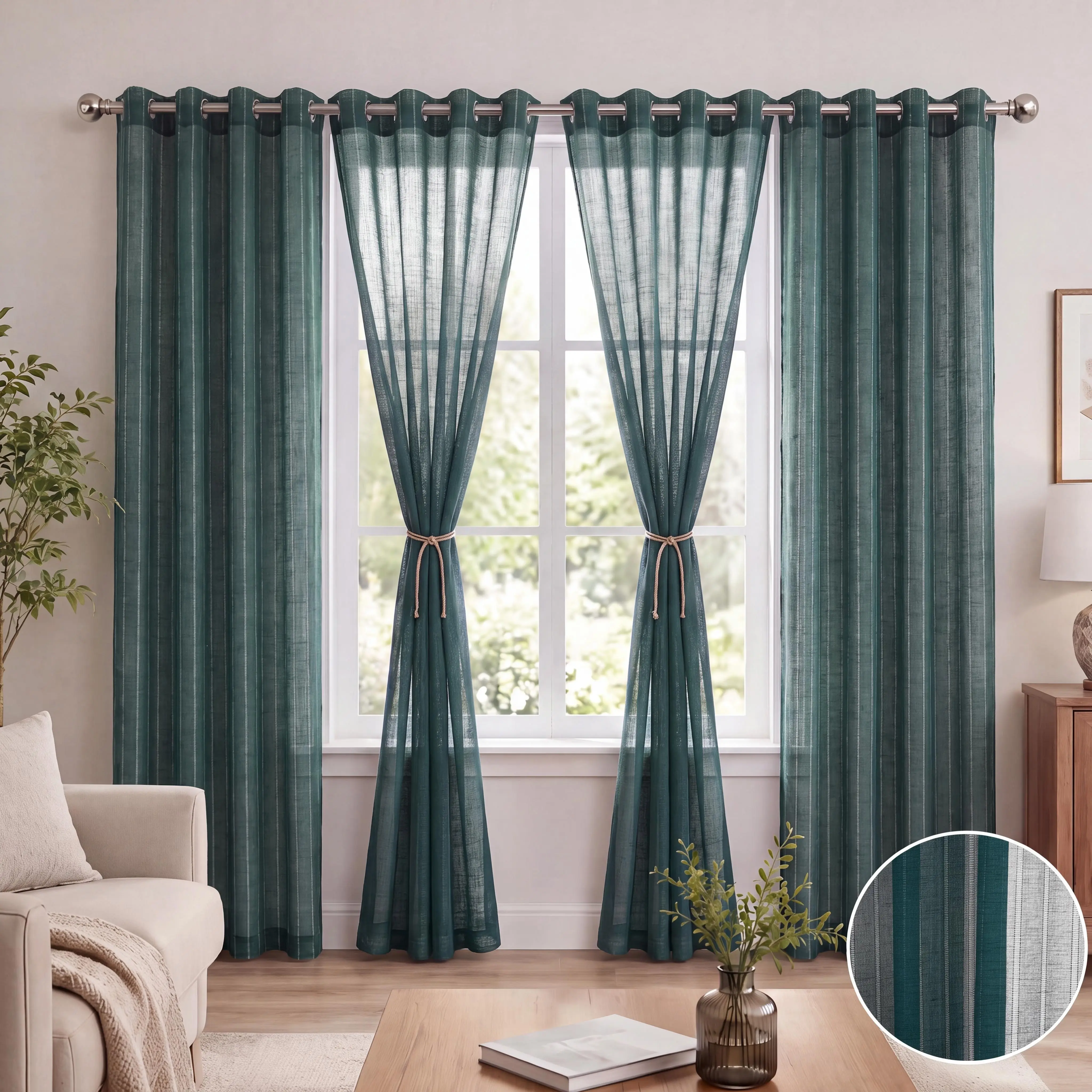 4 Pcs Grommet-Top 540D Mesh Bamboo Gauze Sheer Drapes (52x95 in) - Lightweight Hollow-Out Stripes Light-Filtering Grommets Curtains, Polyester Fits Interior Decoration Accessories, Bedroom Decor Light Curtains for Living Room Home Soft Furnishings FT6666