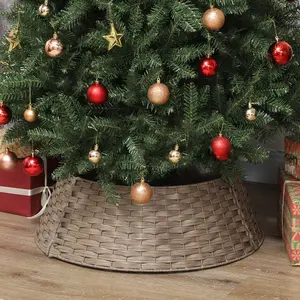 27 inch Rustic Christmas Tree Skirt Coffee Color Plastic Woven Collar for 82.7" to 106.3" Trees Party Holiday Home Decoration