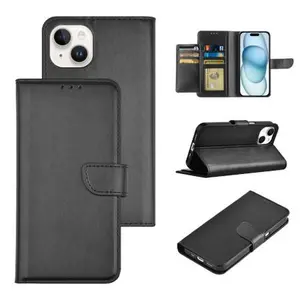Apple iPhone 15 (6.1) - Faux Black Leather Wallet Case with Hidden Double Fold Credit Card Pouch