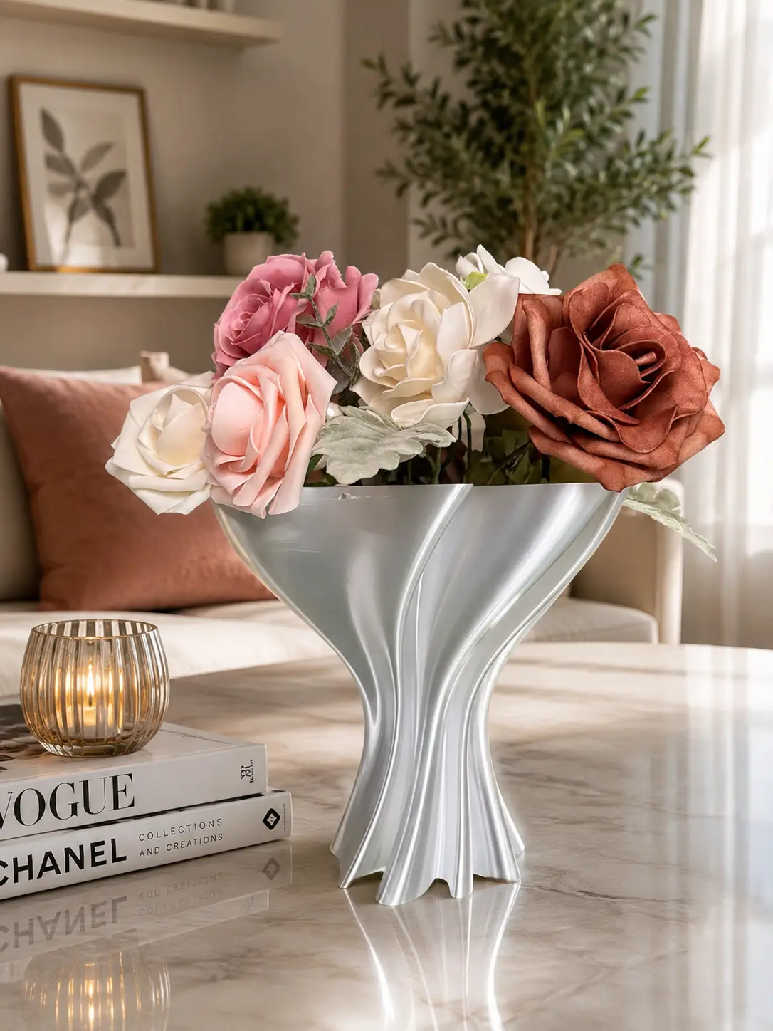 Elegant Silver Vase with Floral Design for Home Decor