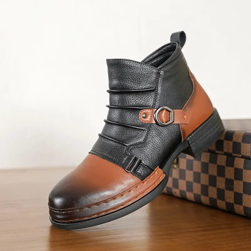 CYUW men’s Western elegant ankle boots, walking shoes with buckle detailing, low heel and non-slip sole, suitable for commuting, round toe, retro style, classic design, footwear, Cuban style, color-block design, rubber outsole, alternative style, enhances
