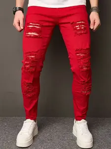 Men's Jeans Elastic Red Streetwear Birthday Outfits Fashion Denim Pants Ripped Y2k Clothing Slim Fit Jeans For Men Menswear Trouser