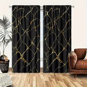 2 Pieces Polyester Material High-Definition Digital Gold Crackle Texture Printed Light-Filtering Curtains with Rod Pocket Design, Suitable for Bedroom, Living Room, Office, and Home Decoration