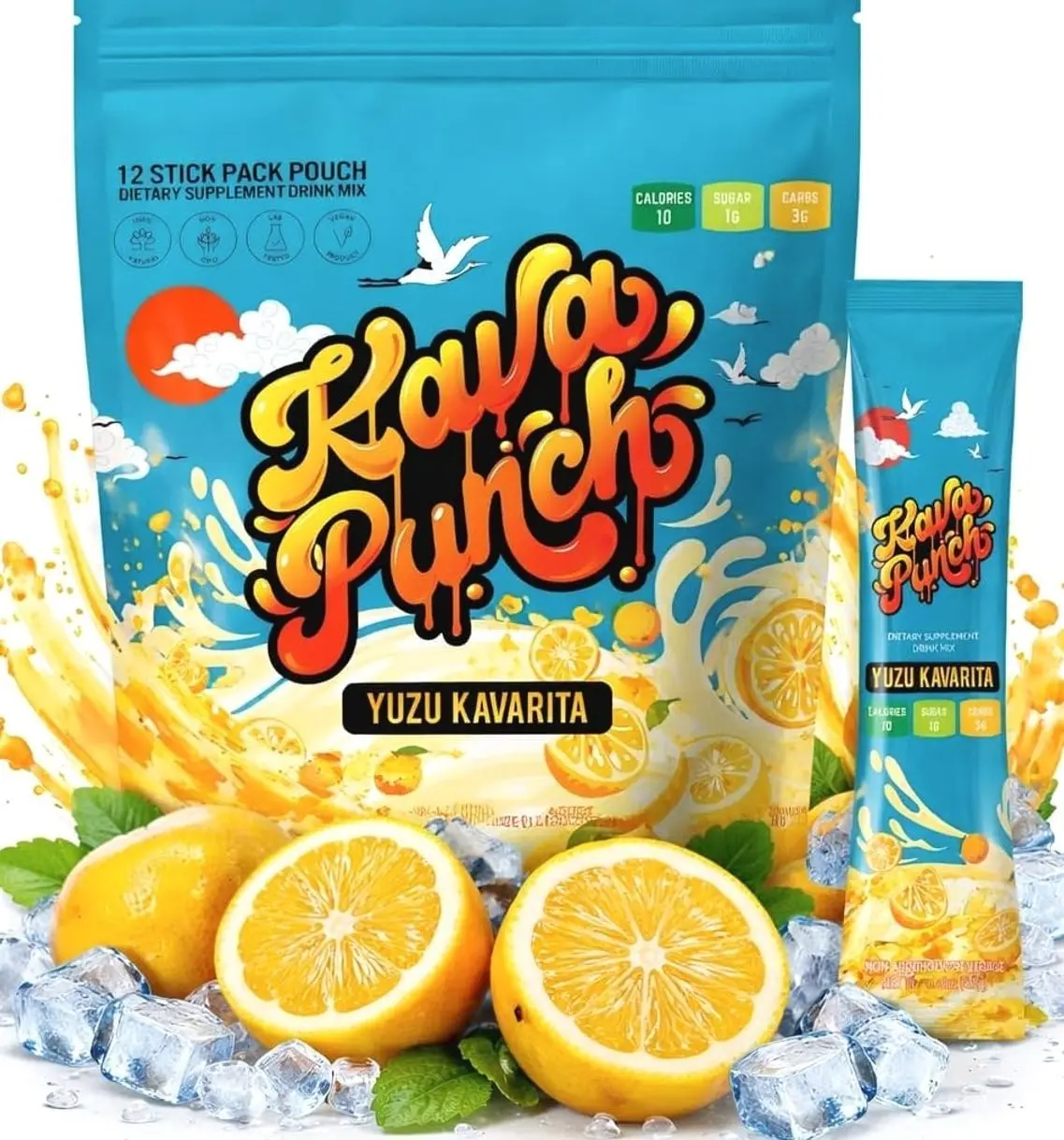 Kava Drink Mix Powder – Noble Kava Relaxation Drink, Alcohol Alternative with Buzz, Calming Packets, 12 Servings Pouch, Yuzu Flavor