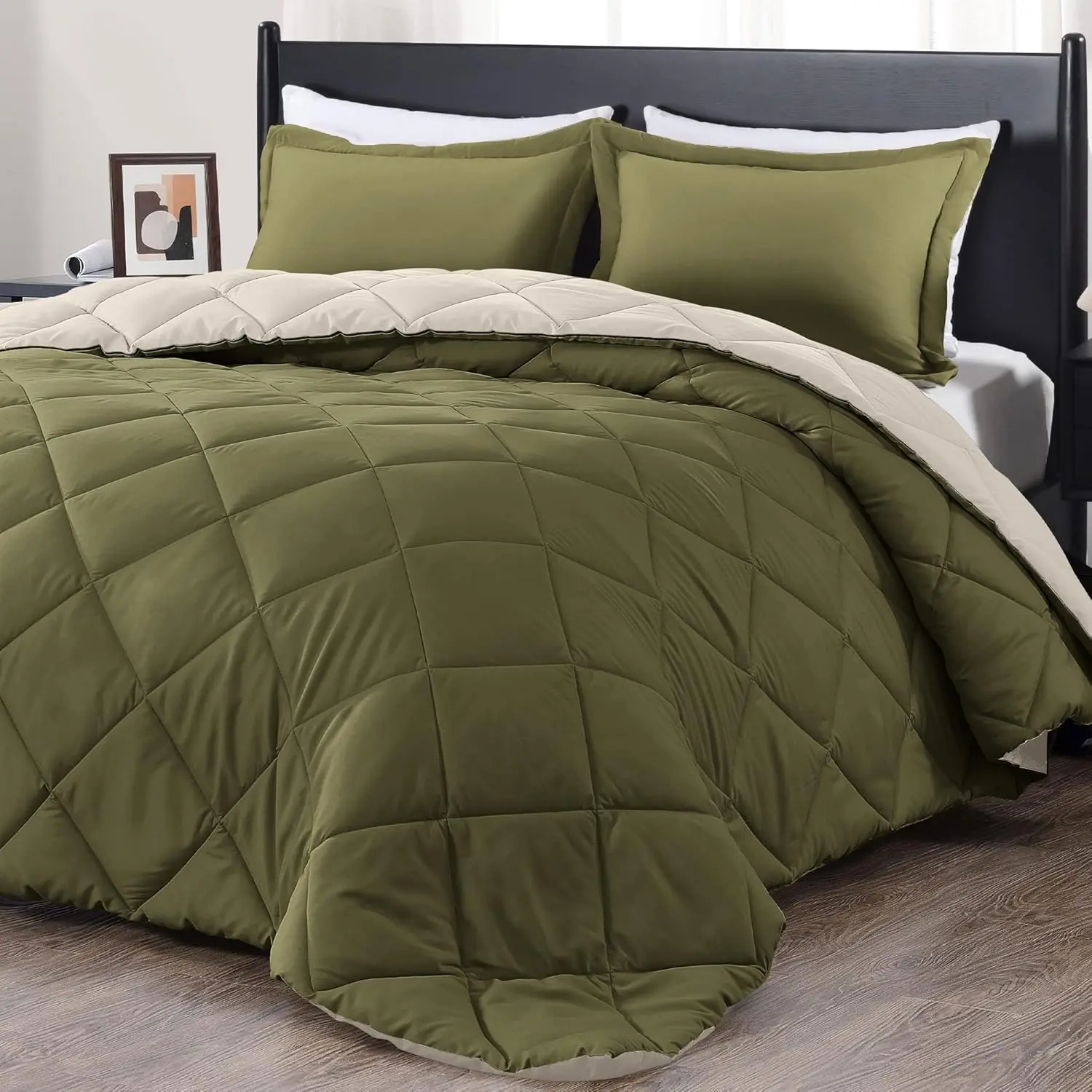 Queen Size Microfibre Bedding Set - 3-Piece All Seasons Durable Lightweight Solid Down Alternative Set with 2 Pillow Shams, Machine Washable (Olive Green/Ivory, Modern Design)