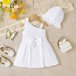 Christening Ideas For 1-18m Baby Girls Straps One Shoulder Bow Solid Color Dress with Hat 2Pcs Clothes Baby Girls Baptism Outfit,Ready Stock 42412107