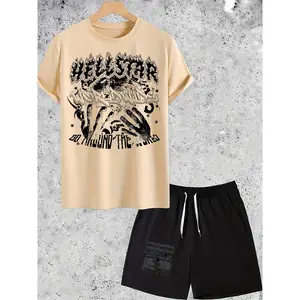 Hell Star Graffiti Creative Art Retro Street Men's Sports Suit Upper And Lower Double Printed Pattern T-shirt Set, Polyester Round Neck Short-sleeved T-shirt And Drawstring Shorts with Pockets, Breathable And Soft Summer Outdoor Sportswear