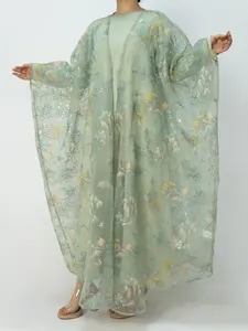 Women's 2-Piece Batwing Sleeve Embroidered Sequin Cape Set (Open Floral Embellished Abaya + Inner Dress), Stylish and Elegant for All Occasions