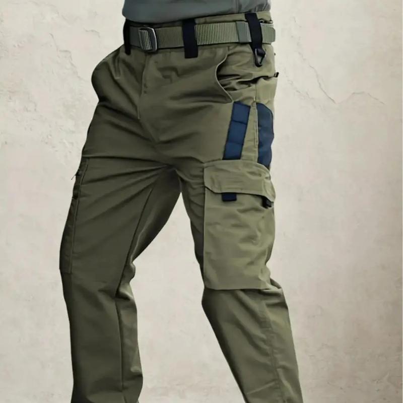 Men's durable outdoor training pants, men's multi-pocket work pants, men's solid color and printed pocket zipper waterproof tactical cargo pants without belt, regular fit sports pocket durable autumn pants.