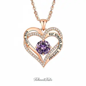 14K Rose gold heart-shaped necklace, Valentine's Day gift, women's jewelry, set with a birthstone, customizable as a gift for mother/wife, with the message "I will always love you".