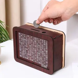 Wooden Money Saving Box with Target and Counter Pen, Cash Coin Jar, Portable Storage Container for Adults & Kids, Perfect Gift for Holidays (10000 Usd)
