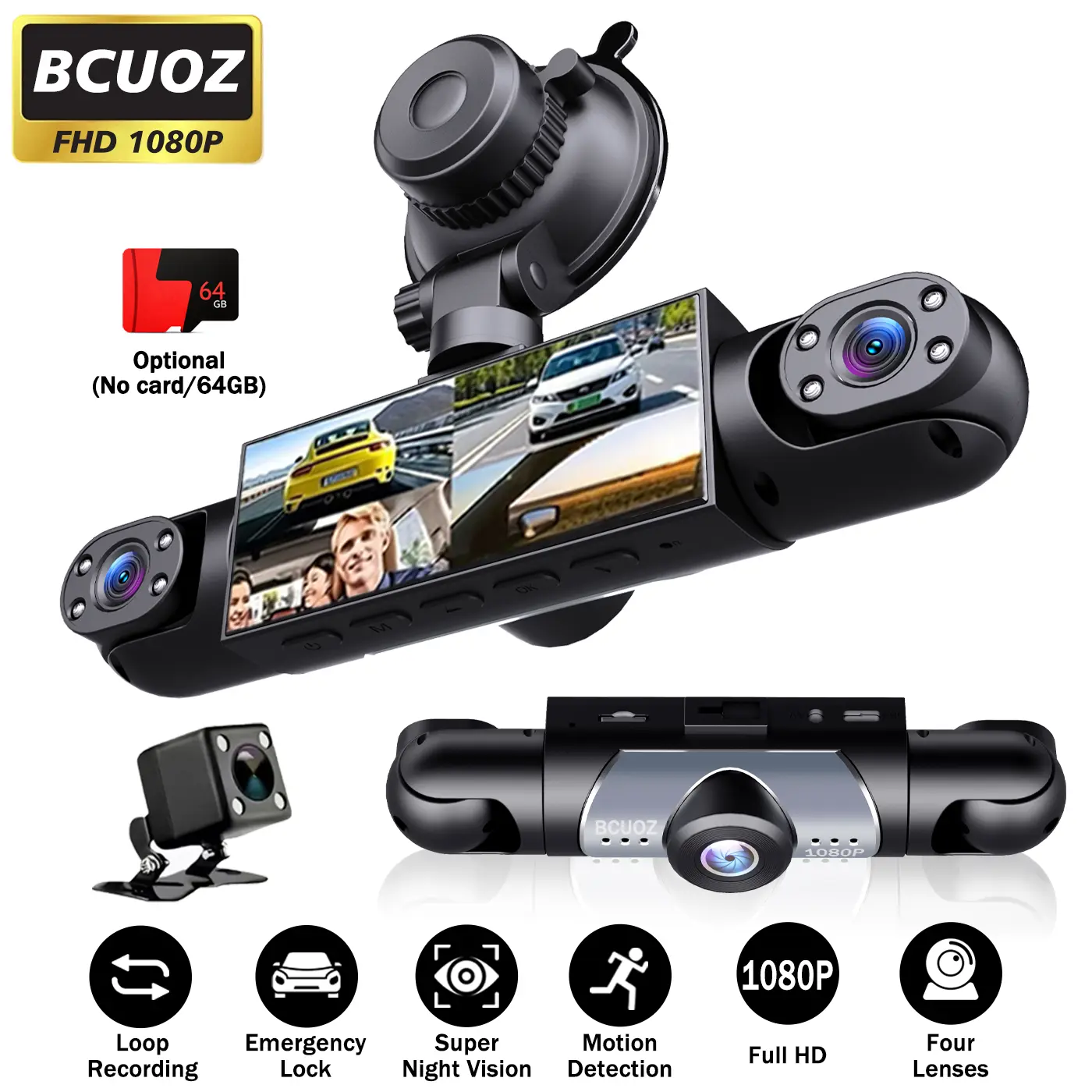 Bcuoz 4-Channel Car Dash Cam with 64GBSD Card Full HD 1080P Video Recording NightVision Parking Mode 3.16-Inch Display for FrontRear Left Right Lenses