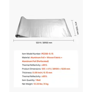 VEVOR Double Reflective Insulation Roll, Perforated Woven Fabric Radiant Barrier, 0.15mm 48 inx 125 ft, Double-Sided Aluminum Foil Heat Reflective Shield, Thermal Insulation Roll for Window RV Roof