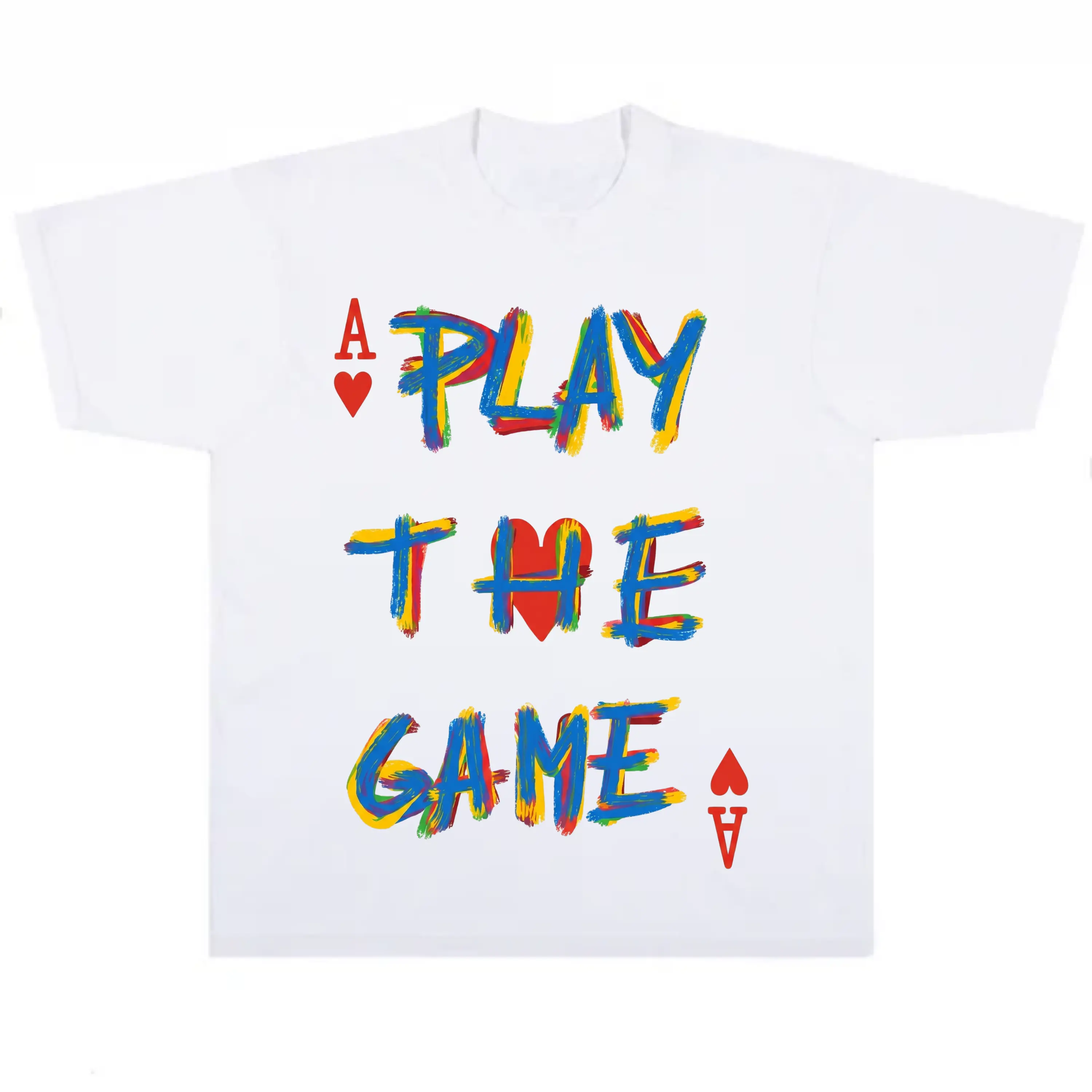 Play The Game Graphic T-Shirt, Color Brush Stroke Letter Ace of Hearts Playing Card Print Tee, Retro Hip Hop Streetwear Short Sleeve Shirt, Unisex Casual Oversized Cotton Tops, Trendy Poker Lover Fashion Tee, Cool Aesthetic Daily Outfit Shirt