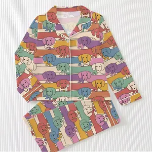Colorful Dachshund Dog Satin Pajama Set for Women, Retro Puppy Print Silky Sleepwear, Cute Dog Lover PJs, Button Up Long Sleeve Nightwear