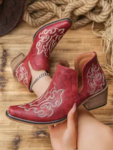 Women's Short Calf Cowboy Boots, Embroidered Design, Chunky Heel, Fashion Wide Cuff Jeans, Perfect for Stylish