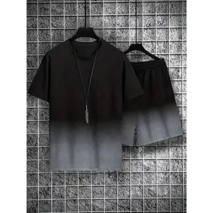 Men's Big & Tall Black Gray Ombre Shorts T-Shirt Set 100% Polyester Viral 2025 TikTok Fashion Men's Big & Tall Black Gray Ombre 2 Piece Outfit Set, Polyester Shorts & T‑Shirt, Casual Lounge Gym Wear, Summer Streetwear Daily Matching Clothes