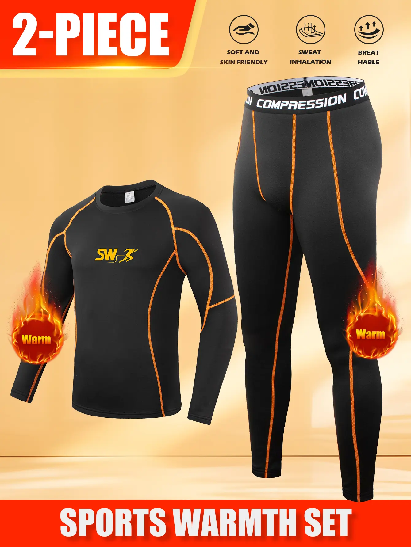 Men's 2-Piece Compression Long-Sleeve Sports Tight-Fitting Workout Clothing Fabric Sweat-wicking Cooling Quick-Drying 60089