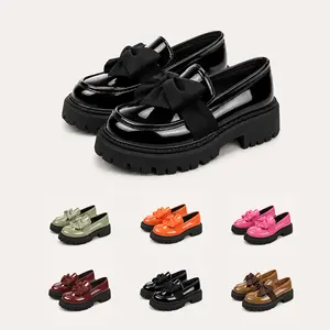GeeYea Chunky Platform Loafers for Women, Round Toe Slip-On Lug Sole Shoes with Satin-Like Bow for School, Commute and Weekend Outfits