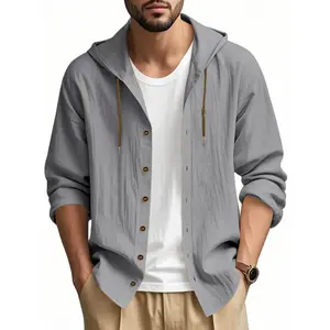 Hooded Linen Long Sleeve Shirt Jacket, Hawaiian Style Casual Loose Fit, Drawstring & Button Design, Spring & Fall Fashion, Beach Vacation Essential
