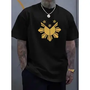 1pc Men'S Summer Casual T-Shirt, Philippines Sun And Stars Patriotic Print, 100% Soft Ribbed Crew Neck, Slight Stretch Regular Fit, Casual Attire And Trendy Style, Comfortable Fabric