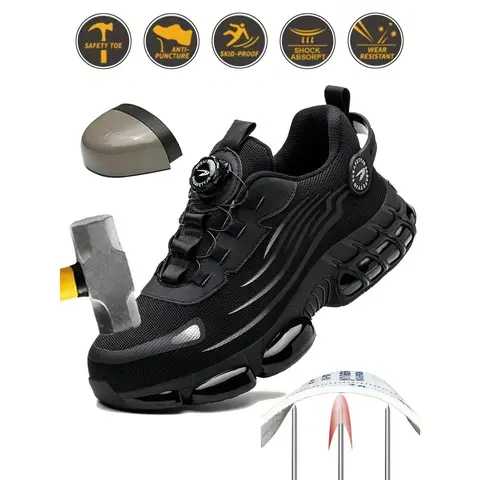 Men's Steel Toe Lightweight Safety Boots - Nonslip Work Style Footwear, Plain Striped Design, Breathable Mesh Fabric Upper, Soft Sole, Elastic Closure, EVA-TPU Outsole, All-Season Comfort Fit for Outdoor Walking (Black, Gray)