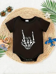 Adorable 100% Cotton Skull Hand Print Baby Boy Onesie - Casual Short Sleeve, Round Neck, Machine Washable, Perfect for Summer, Baby Boy Clothes