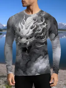 Men's Dragon Pattern Printed Round Neck Long Sleeve T-Shirt, Casual Fashion Trendy Outdoor Sports Top, Daily Wear