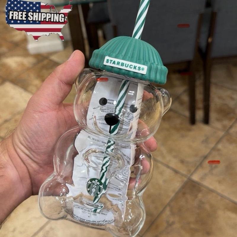 Starbucks 2025 Bearista Bear Glass Jar Cold Cup Tumbler with Straw Holiday Christmas Edition Adorable Bearista Bear Design for Iced Coffee Tea Soda