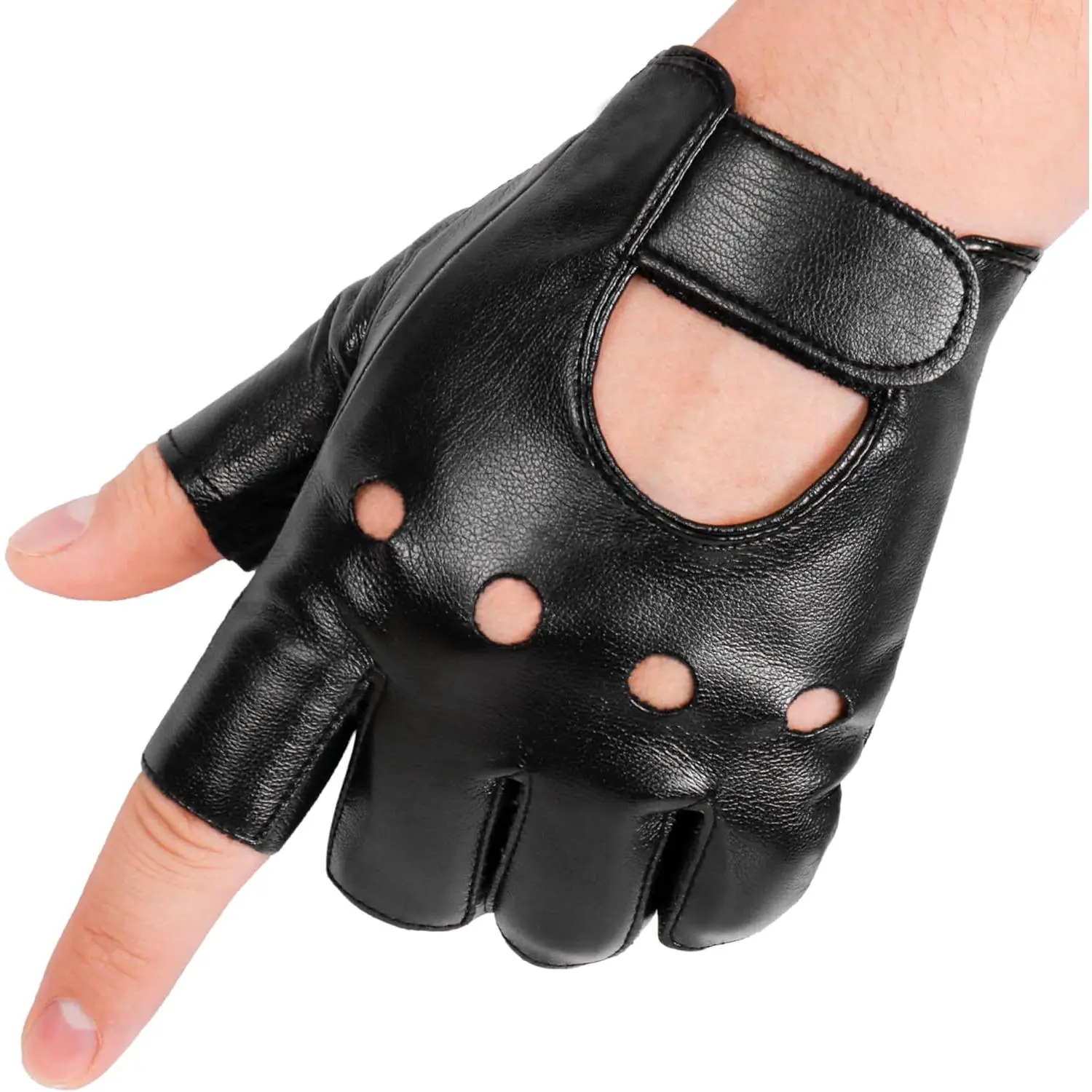 Black PU Leather Fingerless Gloves for Men & Women, Short Half-Finger Style with Perforated Knuckles, Breathable & Touchscreen for Driving & Costume