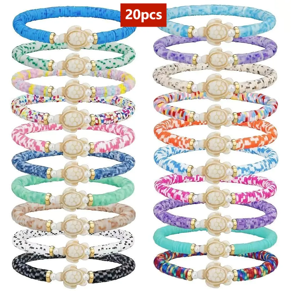 20pcs Boho Chic Handmade Polymer Clay Beaded Stretch Bracelets, Multi-Colored Sea Turtle Stackable Summer Beach Jewelry, Ideal Gift For Men And Women, Turtle Decor, Beach Accessories, Casual Wear, Bohemian Style, Handmade Bracelets