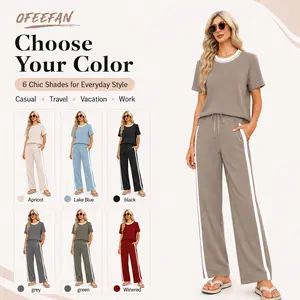 OFEEFAN 2 Piece Lounge Sets for Women Matching Set Summer Outfits Short Sleeve Tops Wide Leg Pants with Pockets