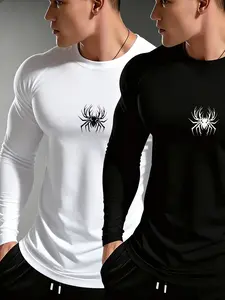Men's Spider Print High Stretch Fitted Long Sleeve T-Shirt, Quick-Dry Fitness Compression Top, and, Spring Fall Running Training Baselayer