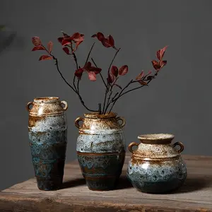 Rustic Ceramic Vase, Vintage Farmhouse Style Decor for Living Room, Entryway, Dining Table, Wedding Gift, No Plant Included