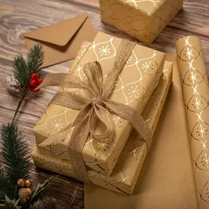 Mini Kraft Wrapping Paper Roll-17inch x 16.5ft Embossing 3D with Gold Foil Geometric Design for Christmas, Birthday, Wedding, Baby Shower, Bridal Shower, Party and More Occasions