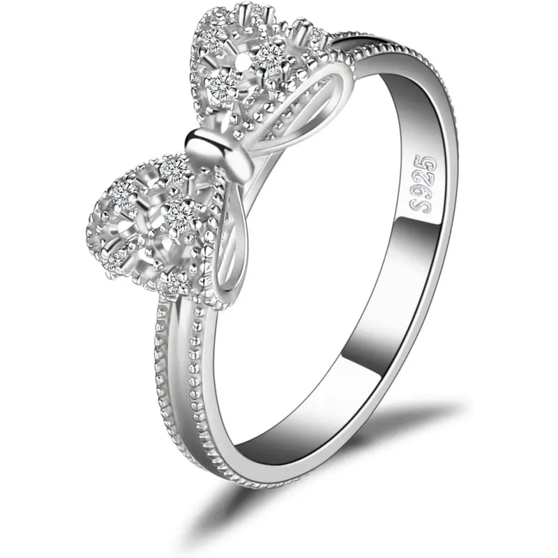 Vintage Jewelry Palace Sterling Silver Bow Ring for Women - Micro-pavé Cubic Zirconia Promise Ring, Electroplated Finish, Adjustable Slip-On Fit for Wedding, Couple, Everyday Gift