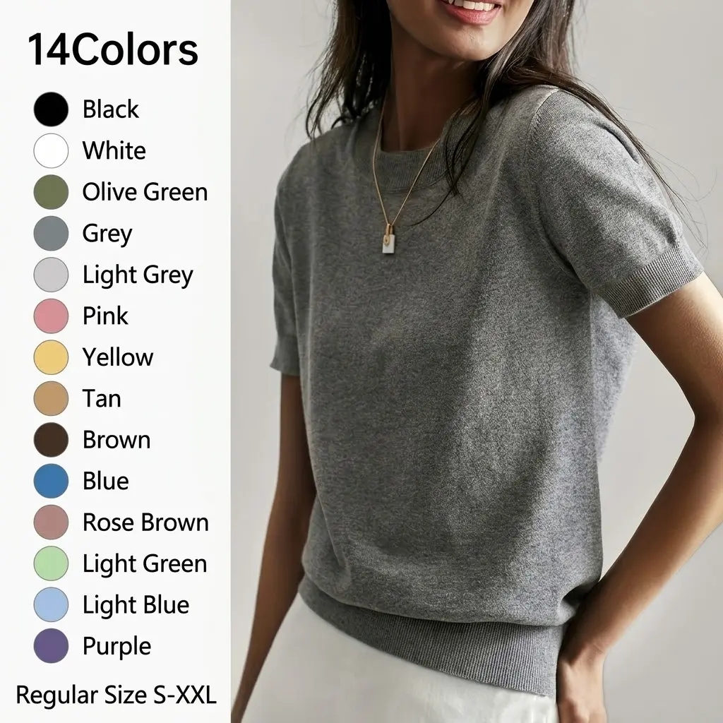 Women's Solid Color Crew Neck Short Sleeve Lightweight Loose Sweater, Casual Basic Minimalist Knit Pullover for Spring & Fall, Fashion Women's Knitwear for Daily Wear, Womenswear