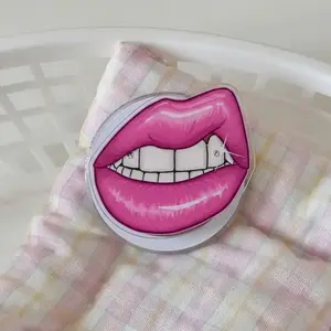 Pink Lips With Icy Diamond Grills Phone Socket Stand - Unique Aesthetic Phone Grip for Women - Cool Pop Out Holder Compatible with All Smartphones
