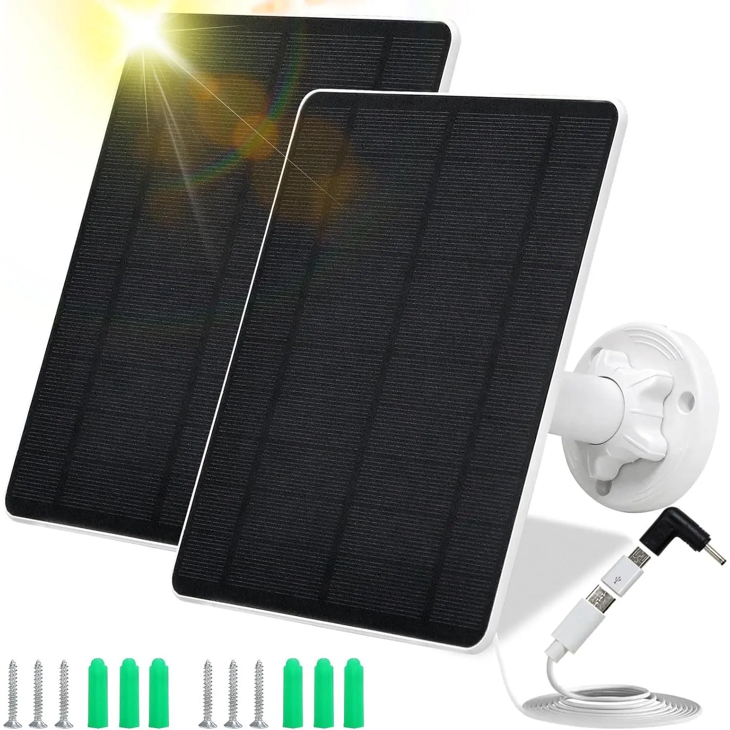 Solar Panel for  Camera,5W USB Solar Panel for Cameras DC 5V,Camera Solar Panel Charger  USB & USB-C & DC,IP65  Solar Panels with 9.8ft ,Adjustable  Mount(2 Pack)