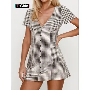 Women's Plaid Print Button Decor V Neck Dress Casual Basic Fashion Short Sleeve Dress for Daily Outdoor Wear Ladies Clothes for All Seasons Sexy Shirt Mini Dress Womenswear