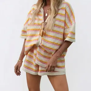 Women's 2 Piece Striped Daily Outfit, Crochet Button Down Shirt & Shorts Set, Casual Summer Beach Vacation Matching Set