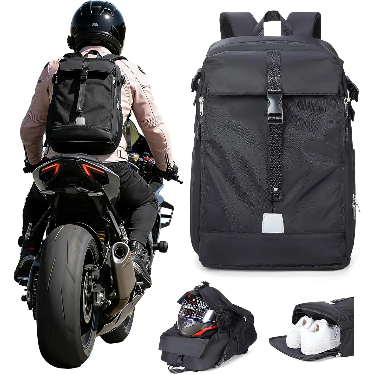 Helmet Backpack for Motorcycle Riders, Waterproof Large Capacity Backpack with Holder, Helmet Bag for Storage Hiking Cycling, Motorcycle Backpacks Motorcycle Riders Accessories for Men Women Black