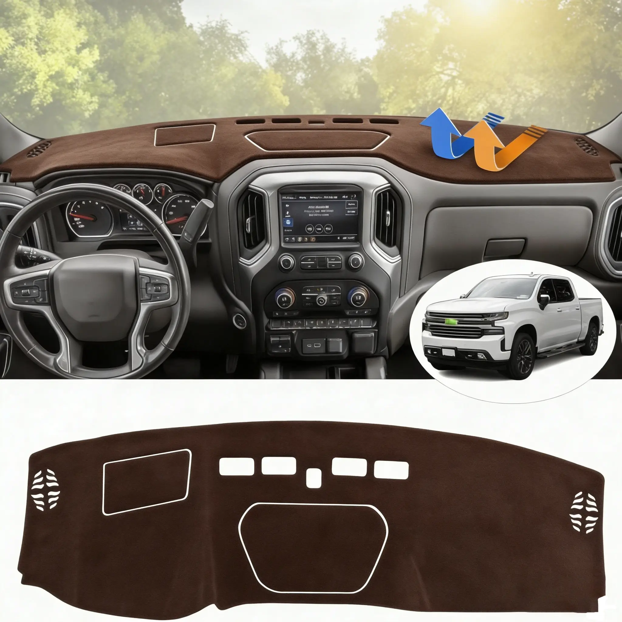 KUST Dash Cover for 2019-2025 Chevy Silverado & 2019-2023 GMC Sierra 1500 2500HD 3500HD Accessories Open Bin HUD Compatible Brown, Truck Accessories, Car Accessories Interior
