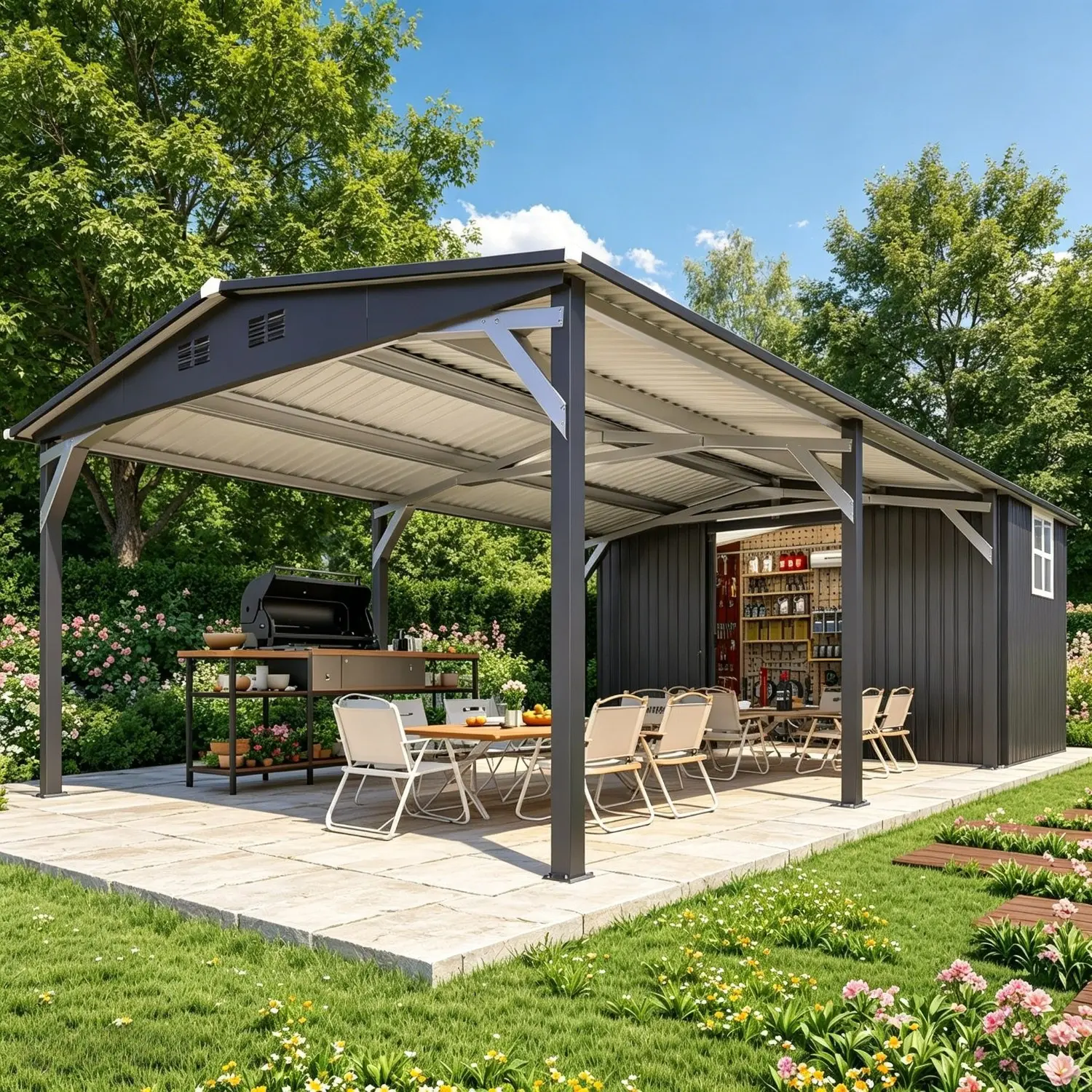 [Steel Gazebo Canopy] 12' X 22' Galvanized Steel Outdoor Gazebo And Multipurpose Carport Canopy for Patio, Lawn And Garden