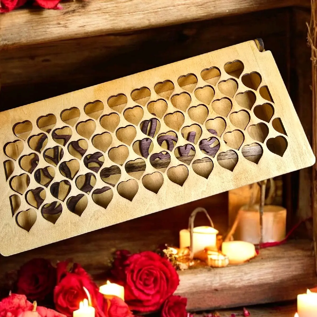 Wooden Valentine's Rose Box - Romantic Gift Box with Rustic Design and Heart Accents